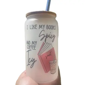 Glass Tumbler with Bamboo Lid - I Like My Books Spicy and Coffee Icy