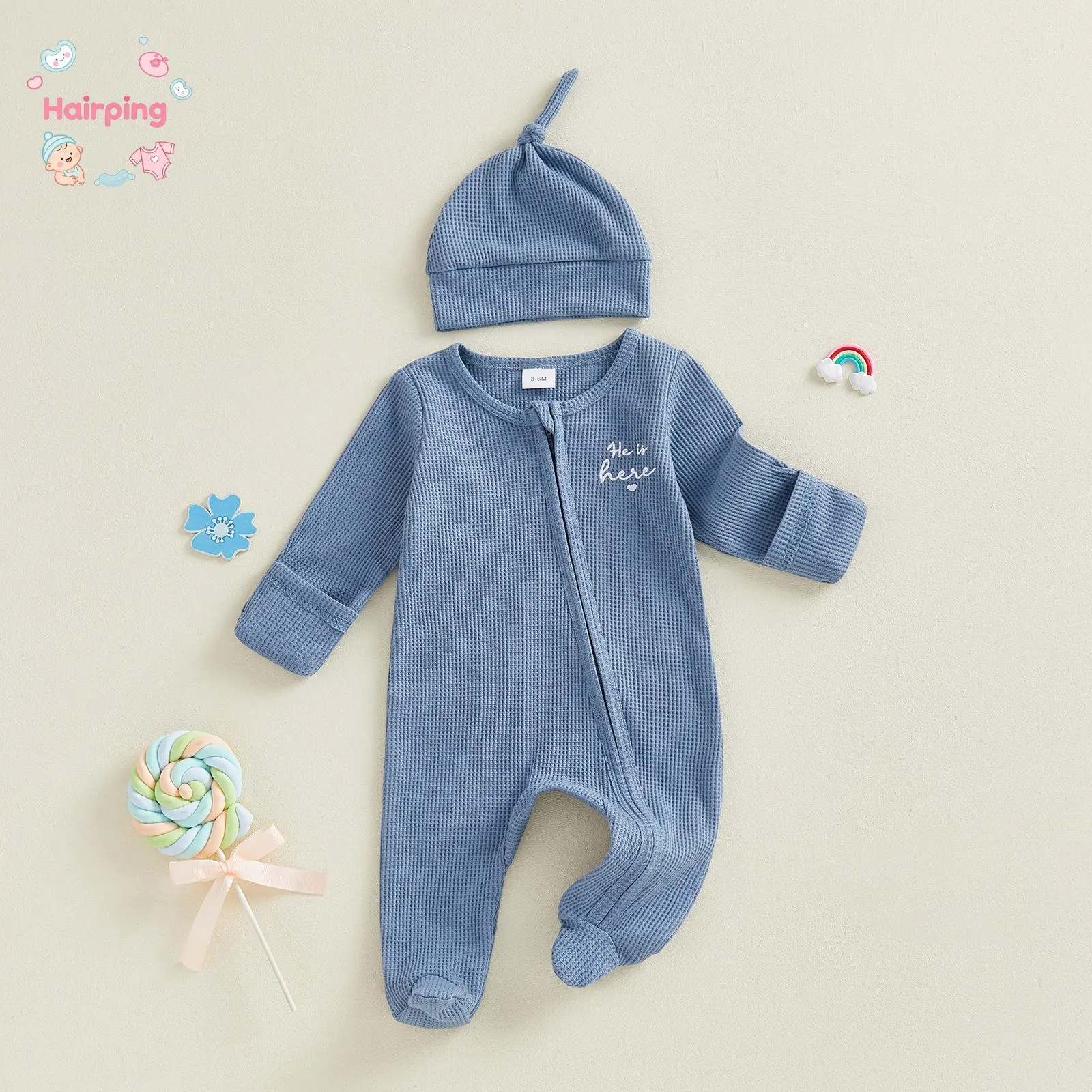 Baby Boy 2 Piece Outfits, Cute Long Sleeve Round Neck Letter Embroidery Footed Jumpsuit and Hat Set, Squishy Toddler Outfits, Personalized Design with Soft Texture