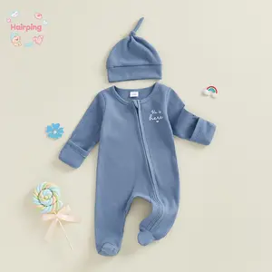 Baby Boy 2 Piece Outfits, Cute Long Sleeve Round Neck Letter Embroidery Footed Jumpsuit and Hat Set, Squishy Toddler Outfits, Personalized Design with Soft Texture
