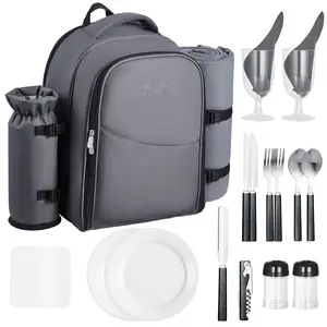 Beach Picnic Backpack Bag For 2 People With Insulated Cooler Compartment, Easy Access Dry Storage, Lightweight Grey Nylon Daypack For Outdoor Travel, Beach Gear, Camping, And Family Picnics