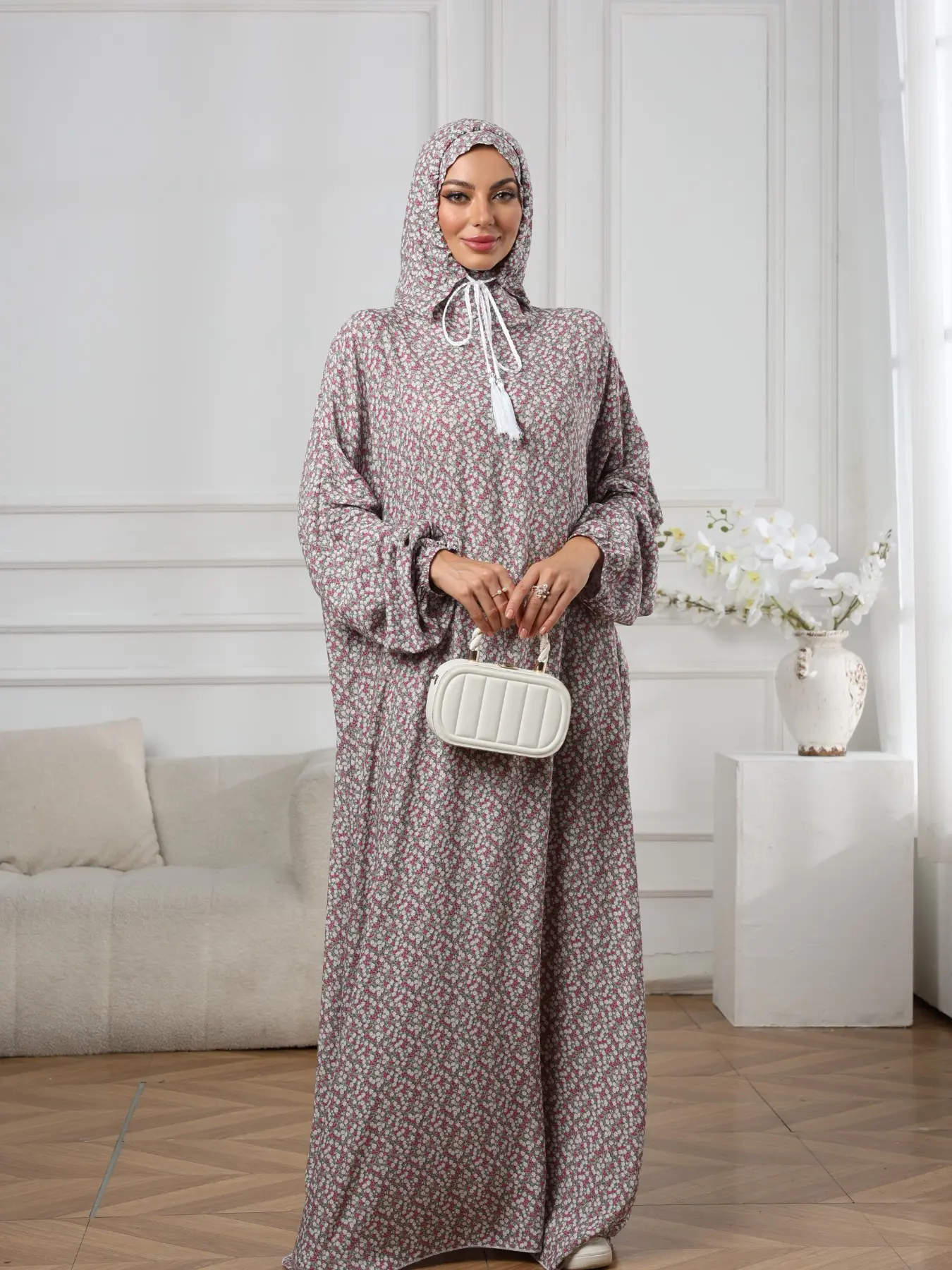 Middle Eastern Women's High-End Elegant Hooded Drawstring Prayer Robe, Islamic Muslim Clothing, Long Loose Comfortable Printed Dress, All Seasons
