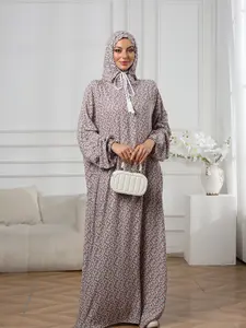 Middle Eastern Women's High-End Elegant Hooded Drawstring Prayer Robe, Long Loose Comfortable Printed Dress, All Seasons
