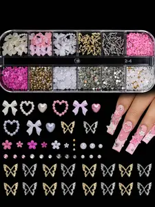 95pcs 3D Y2K Nail Art Charms Set, Rhinestones, Pearls, Diamonds, Butterflies, Bows, Hearts & Flowers, DIY Manicure Supplies, Nail Art Tools, Rhinestone Sparkle, Bling Rhinestone Decoration