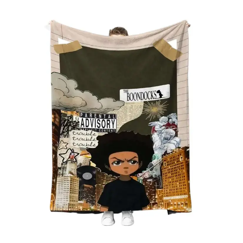 Urban Fantasy Boondocks Inspired Animation Art Blanket - Ultra-Soft Plush Polyester Throw, Cartoon Scene/Illustrated Character/Character Art Blanket, Warm All-Season Bedding for Bedroom Decor, Gift for Animation Fans, Cartoon Scene Blankets, Illustrated C