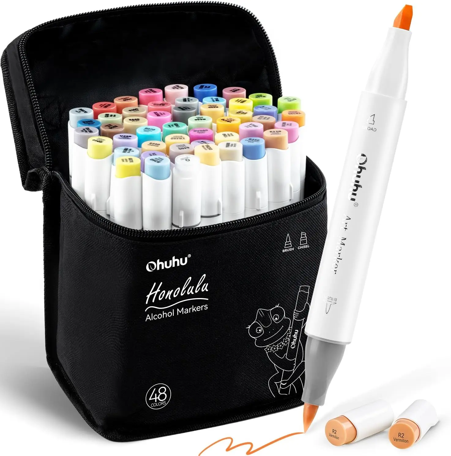 Ohuhu Honolulu Brush Markers: 48 Mid-tone Colors Double Tipped Art Marker for Artist Coloring Illustrations-Brush&Chisel-Brush&Fine -Refillable Ink