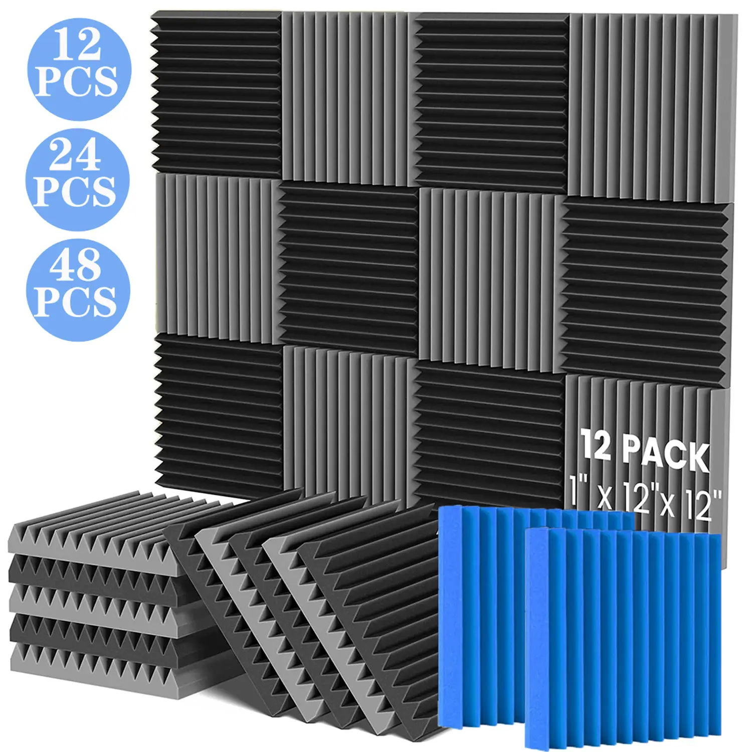 Acoustic Foam Panel Wedge 12x12x1" Soundproofing Wall Tiles for Reading Room Meeting Room Study Library Club Cinema Music - 12/24/48PCS, Grey/Blue/Bla