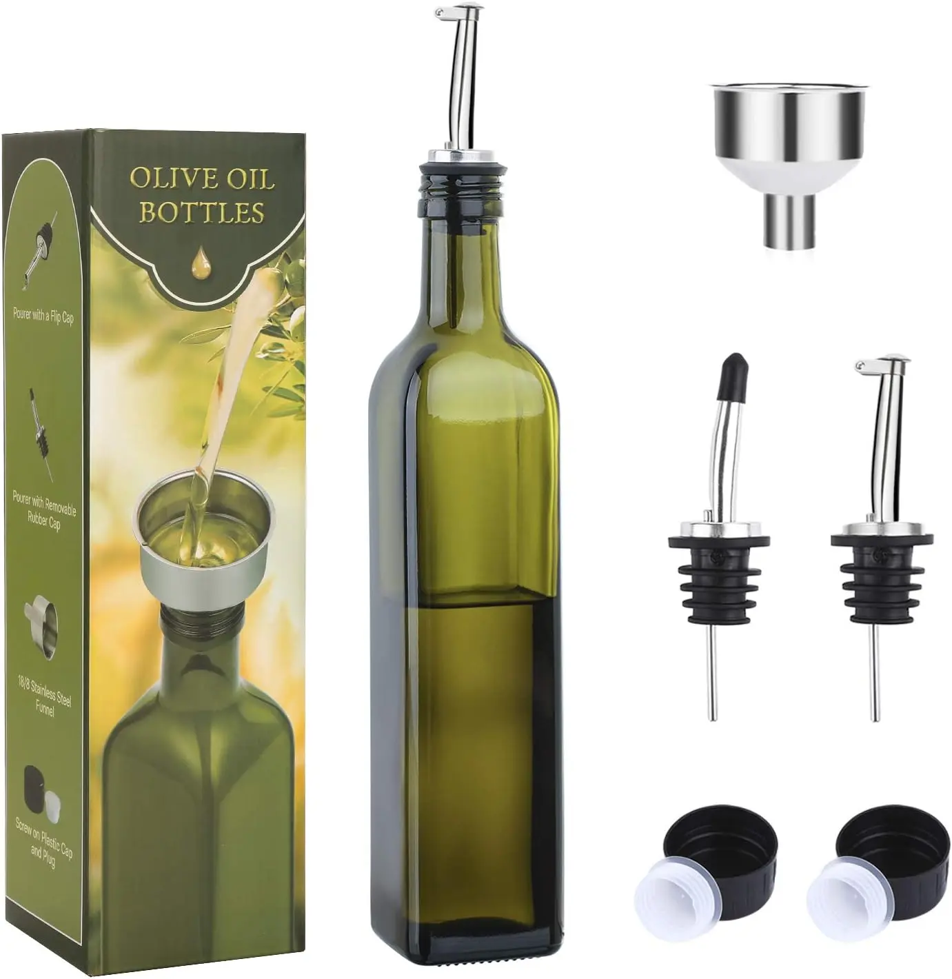 Oil Bottle Dispenser - 500ml Green Oil and Vinegar Cruet with Pourers and Funnel - Olive Oil Carafe Decanter for Kitchen