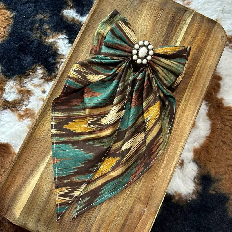 Women's Beaded Western Azteca Hair Bow Clip, Handmade Bow Hair Accessory with Elegant Green Bead Accents, Bead Accents Hair Clips, Bow Hair Accessory Hair Clips
