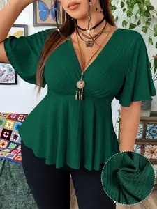 Plus Size Women's V Neck Butterfly Sleeve Waist Cinch Top, Ribbed Knit Slimming Ruffle Hem T-Shirt, Fashionable and Comfortable