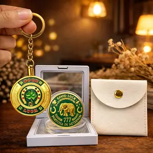 Gold Good Luck Coin Gift Set Four Leaf Clover & Elephant 777 Lucky Coin Horseshoe Symbols St Patrick's Day Gift Desk Decor Portable Keychain Bag Charm