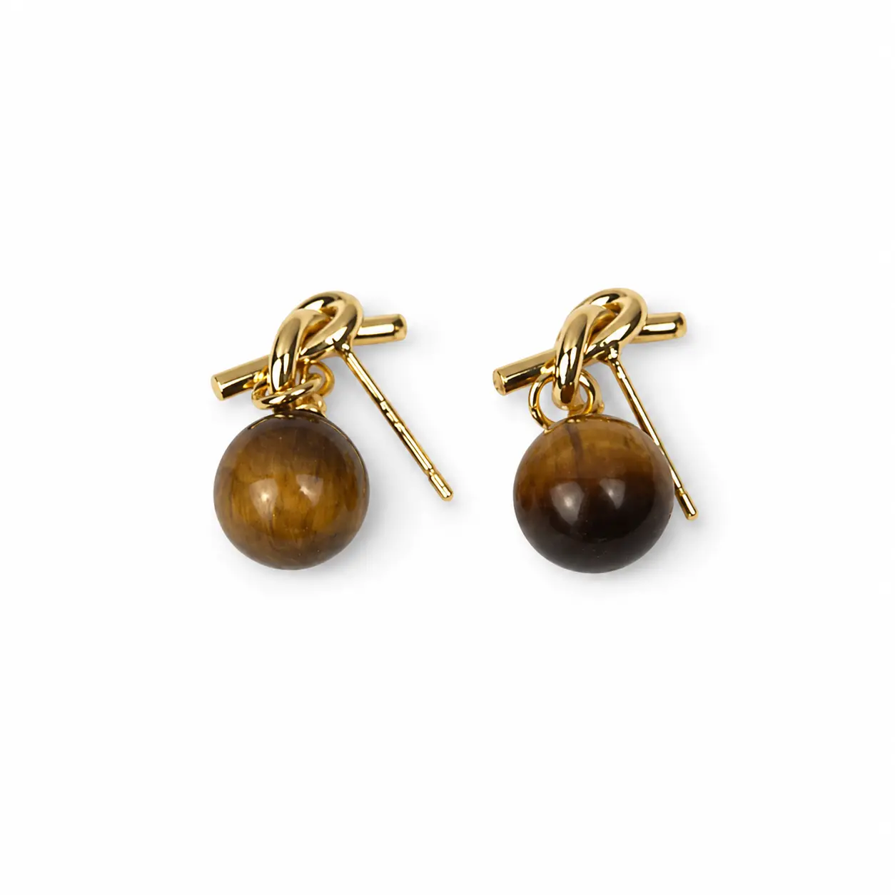 Women's Vintage Gold-Plated Rope Knot Chain-Attached Earrings, 1 Pair Lightweight S925 Silver Post Hypoallergenic Earrings with Natural Tiger Eye Stone Beads, Elegant Female Adult Jewelry Gift