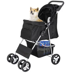 ZENY Floding Pet Stroller 4 Wheels Cat Dog Carrier Strolling Cart Travel W/Storage Basket & Mesh Windows, Black