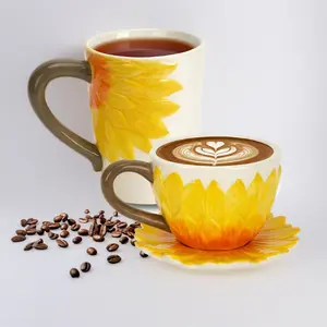 Coffee Mug Set of 2 for Men and Women - Ceramic Sunflower Couple Mugs with 15 oz Tea Mug 9 oz Wide Cappuccino Cup and Saucer 3D Novelty for Birthday or Christmas Gifts