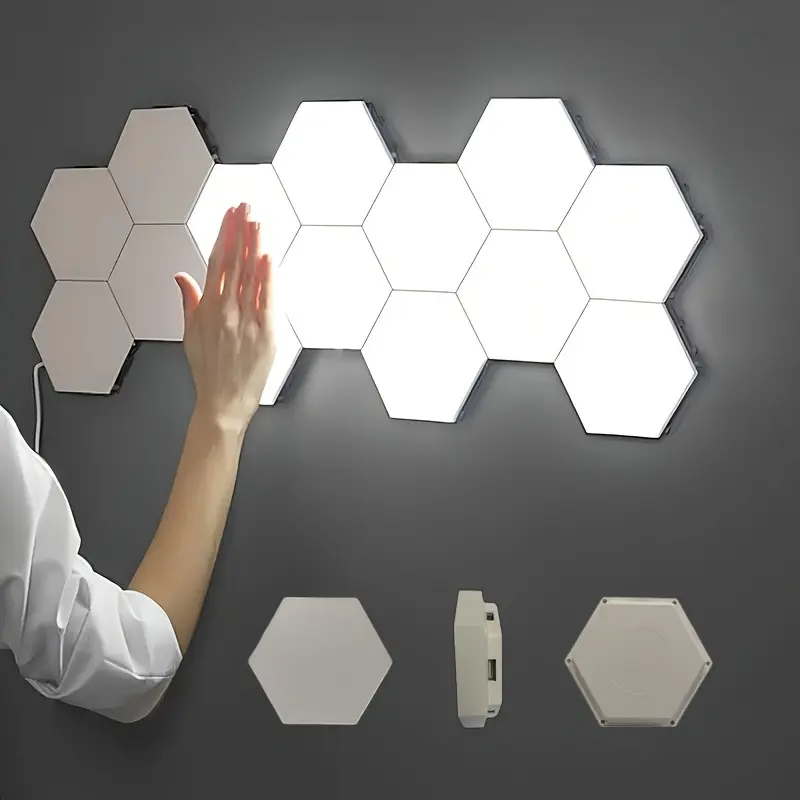 Modular Hexagonal Light Panels 6-Pack, Touch-Sensitive DIY Plastic Wall Decor, USB-Powered White LED Lights for Gaming Room & Bedroom