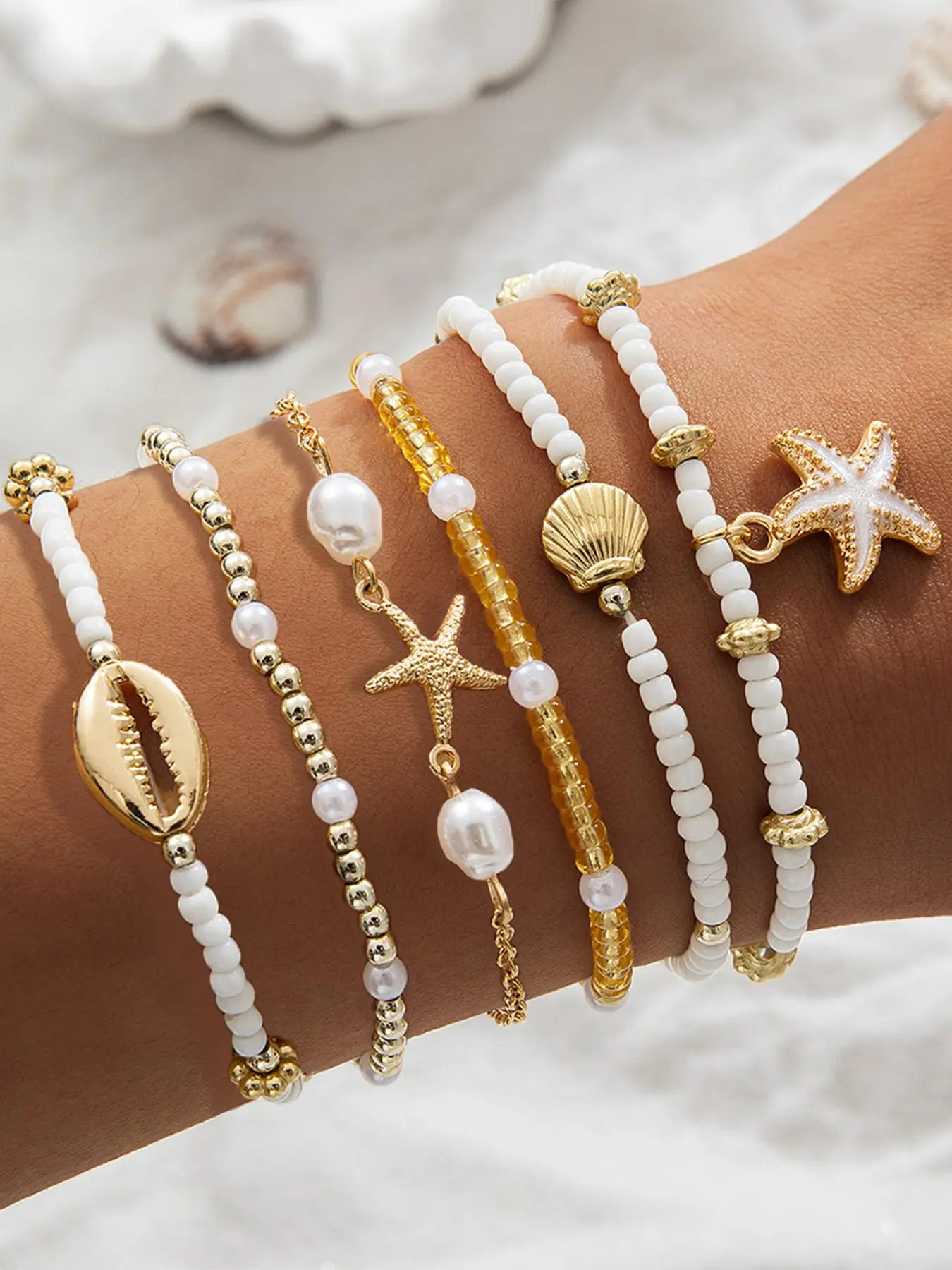 Boho Style Sea Star & Shell & Beaded Decorated Stackable Bracelets, Mix Bracelets, Layered Bracelet Set, Fashion Jewelry for Party, Daily Clothing Decor, Trendy All-match & Exquisite Jewelry for Gift, Stacking Bracelet