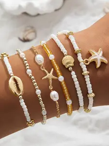 Boho Style Sea Star & Shell & Beaded Decorated Stackable Bracelets, Layered Bracelet Set, Fashion Jewelry for Party, Daily Clothing Decor, Trendy All-match & Exquisite Jewelry for Gift