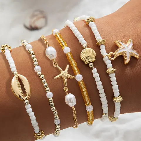 Boho Style Sea Star & Shell & Beaded Decorated Stackable Bracelets, Mix Bracelets, Layered Bracelet Set, Stacked Design Bracelets, Fashion Jewelry for Party, Daily Clothing Decor, Trendy All-match & Exquisite Jewelry for Gift, Stacking Bracelet