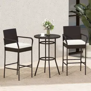 COSTWAY - Patio Rattan Bar Height Table and Chairs with 2 Seat Cushions for Porch-White