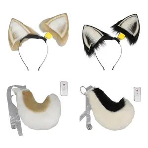 Electric Plush Foxes Wolf Ears Headband and Furry Faux Furs Tail Anime Cosplay Props for Adult Kids Halloween Party Costume