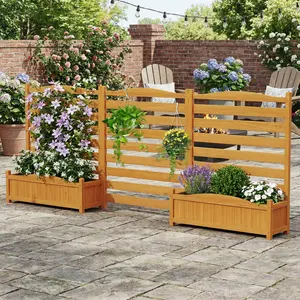 3-Panel Fir Wood Air Conditioner Fence with Planter Box, Freestanding Privacy Screen in Yellow, Slatted Outdoor Enclosure & Raised Garden Beds for Patio, Yard or Balcony,summervibes