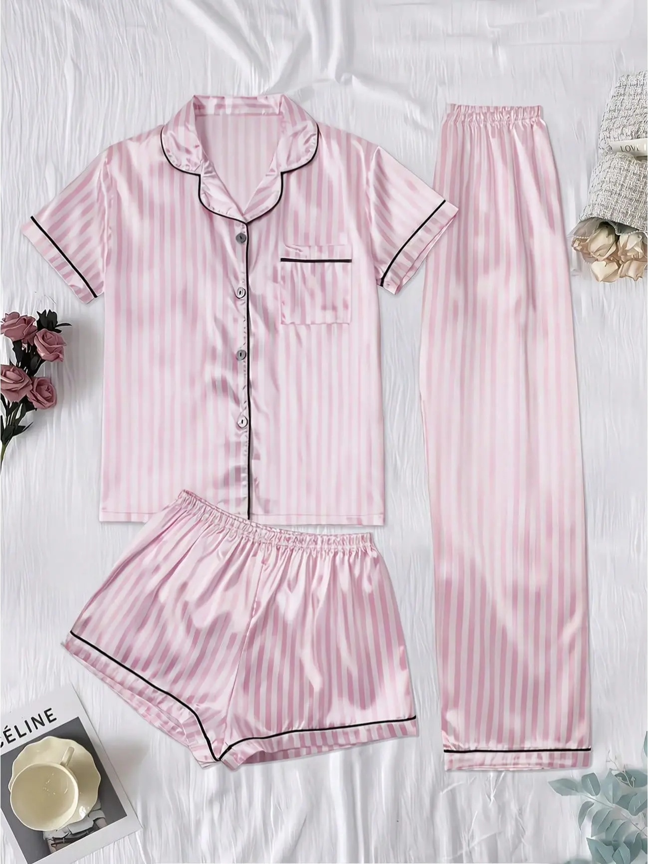 Women's Chic Comfortable Simple Style 3PCS Printed Collar PJ Set - Short-Sleeve Top, Shorts & Pants, All-Season Casual Sleepwear Loungewear