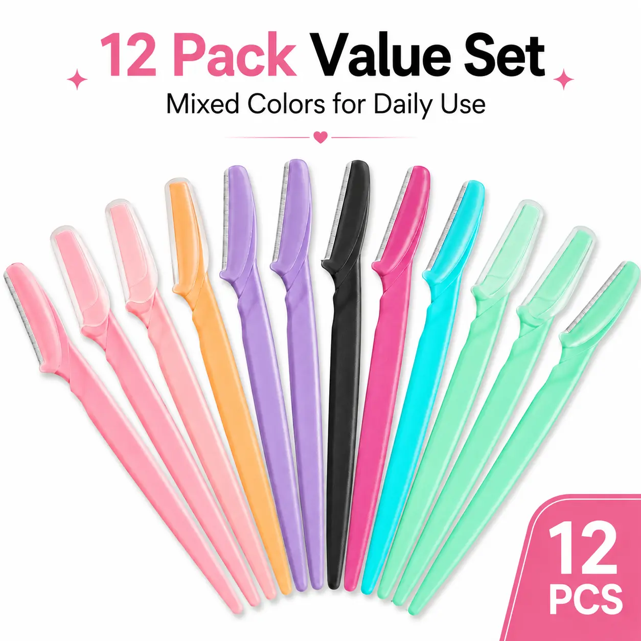 Women's 12-Pack Precision Eyebrow Razors, Mixed-Color Facial Hair Removal Tools, Dermaplaning Shaver for Peach Fuzz, Upper Lip & Chin Grooming