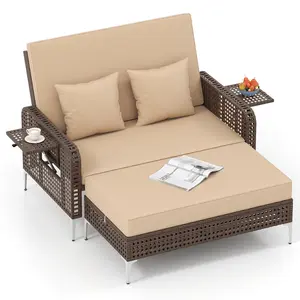 COSTWAY - 2 Piece Patio Rattan Daybed Wicker Loveseat and Ottoman with Adjustable Backrest-Brown