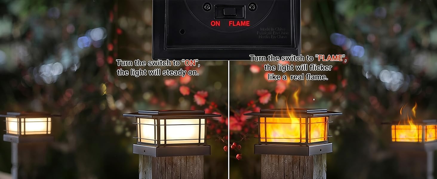 4x4 Solar Post Cap Lights Outdoor with Flickering Flame Light, Black Shell Fence Post Solar Lights Fit 4x4 Vinyl/Wooden Posts, Brightness LED Lighting Decor for Garden Deck Patio, 2 Pack