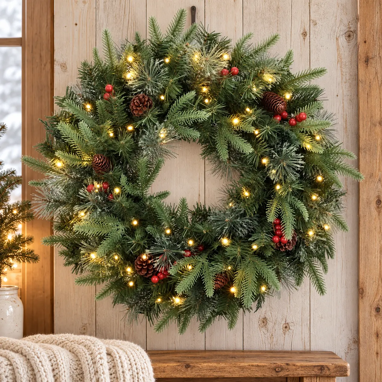 Pre-Lit Christmas Wreath for Front Door Decor, Nordic Scandi Evergreen Wreath with Warm LED Lights, Natural Pinecones, Red Winter Berries, Mixed Pine Cedar Foliage, Artificial Xmas Door Hanger Wall Fireplace Mantle Organic Winter Seasonal Home Decoration