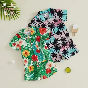 Toddler Baby Boy Hawaiian Outfit Short Sleeve Button Down Tropical Floral Palm Tree Print Shirt and Shorts 2Pcs Summer Beach Vacation Casual Clothes Set