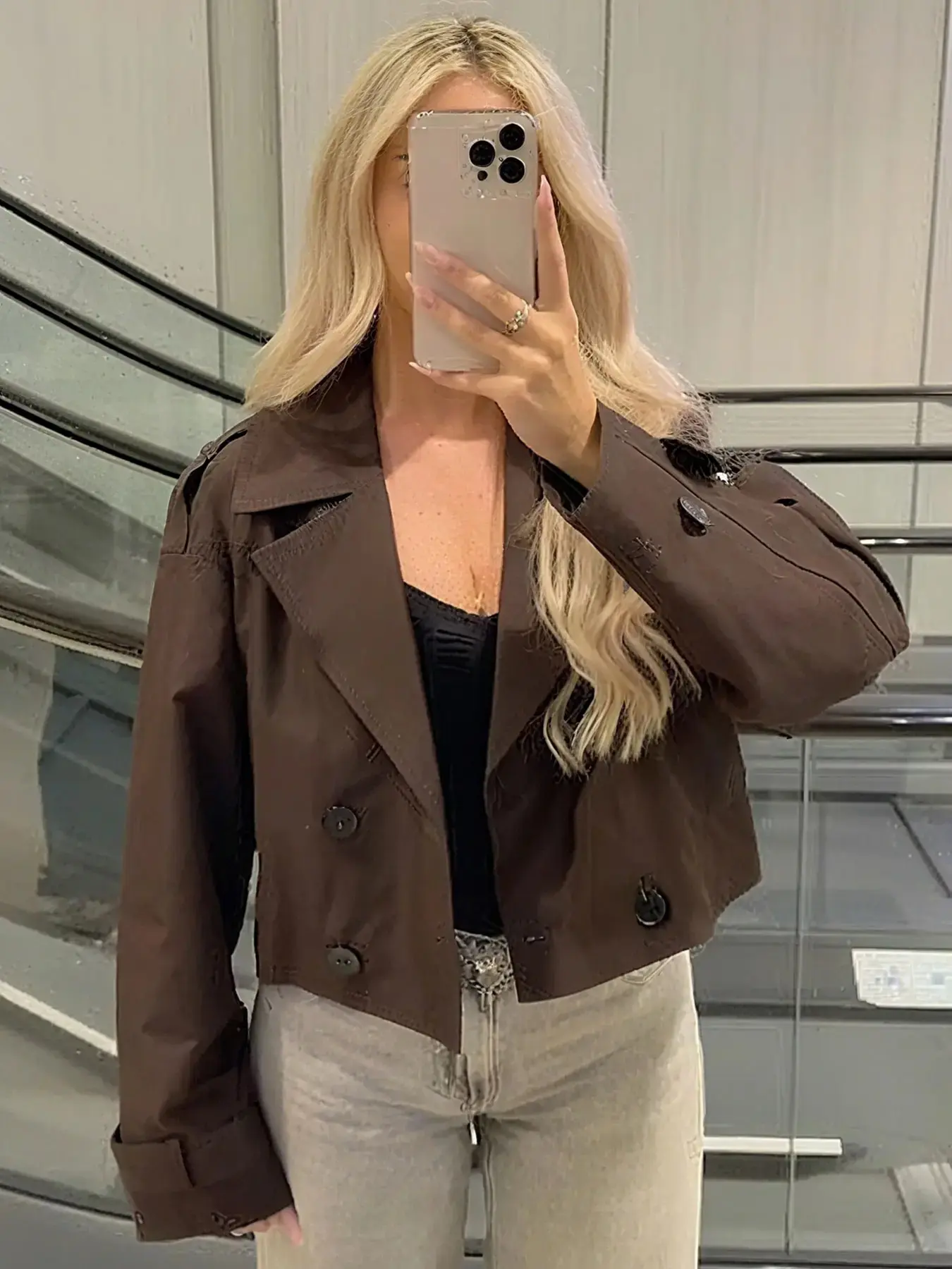 Women's Windbreaker Trendy Cropped Trench Coat Dark Brown Double Breasted Jacket Lapel Collar & Belted Cuffs Vintage Fall Winter Casual Collared Outerwear Women's Casual Streetwear