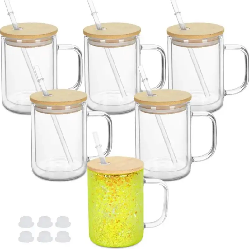 5-Pack Blank Snowglobe Glass Mug Set, 15 oz Kitchen Drinkware with Bamboo Lids and Straws, Ideal for Gifting & Personalized Use