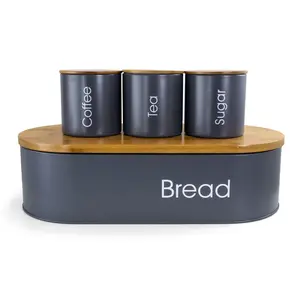 MegaChef MG-317 Bamboo Kitchen Countertop Metal Bread Basket & Canister Set in Gray with Lid - 4 Piece