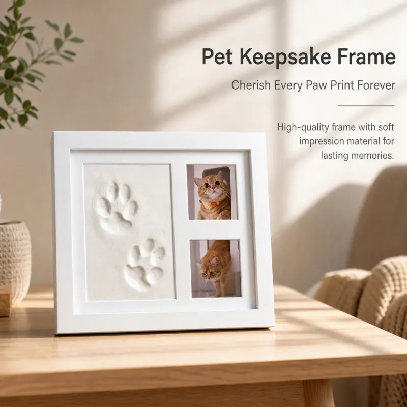 Pet paw print photo commemorative frame, personalized wooden commemorative frame, with clay imprint area, cat and dog emotional memento display frame.