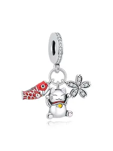 Silver Plated Lucky Cat Cherry Blossom Charms Pendant Beads Chinese Japanese Lunar New Year For Women DIY Bracelets Necklaces Jewelry Making Gift