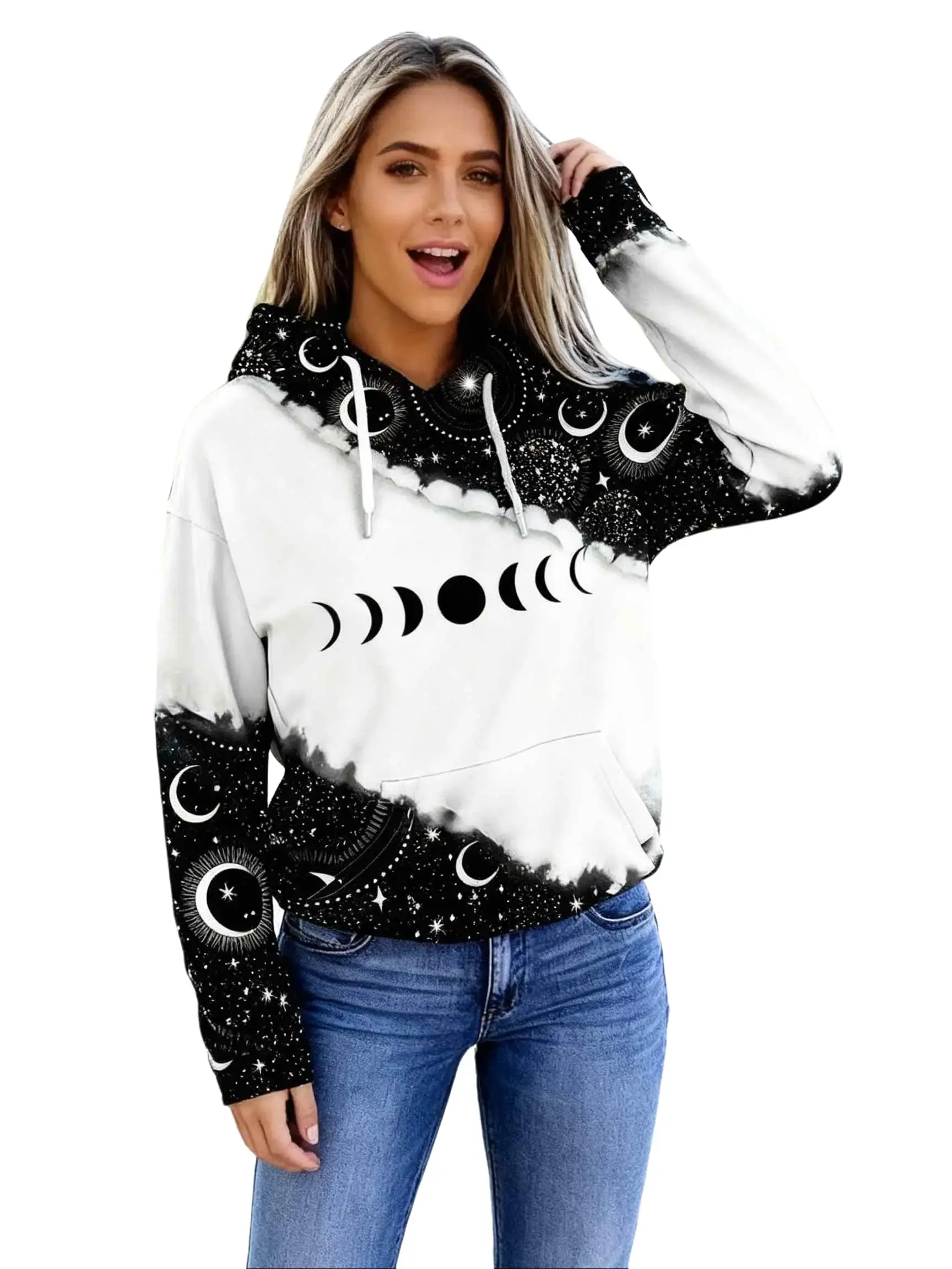 Plus Size Clothes,Women's Drop Shoulder Moon Star Print Graphic Drawstring Hoodie Sweatshirt Pullover