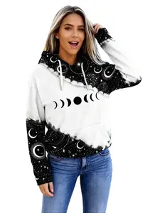 Plus Size Clothes,Women's Drop Shoulder Moon Star Print Graphic Drawstring Hoodie Sweatshirt Pullover