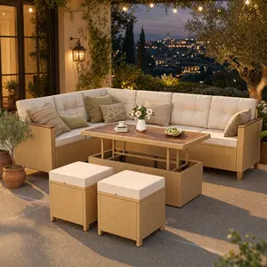 【2/3 Packages Shipping】Phivilla 6 Seats Outdoor Patio Rattan Furniture Sofa Set with Acacia Wood Coffee Table, Thick Cushions Sofa Set for Balcony, Porch & Patio, SummerVibes