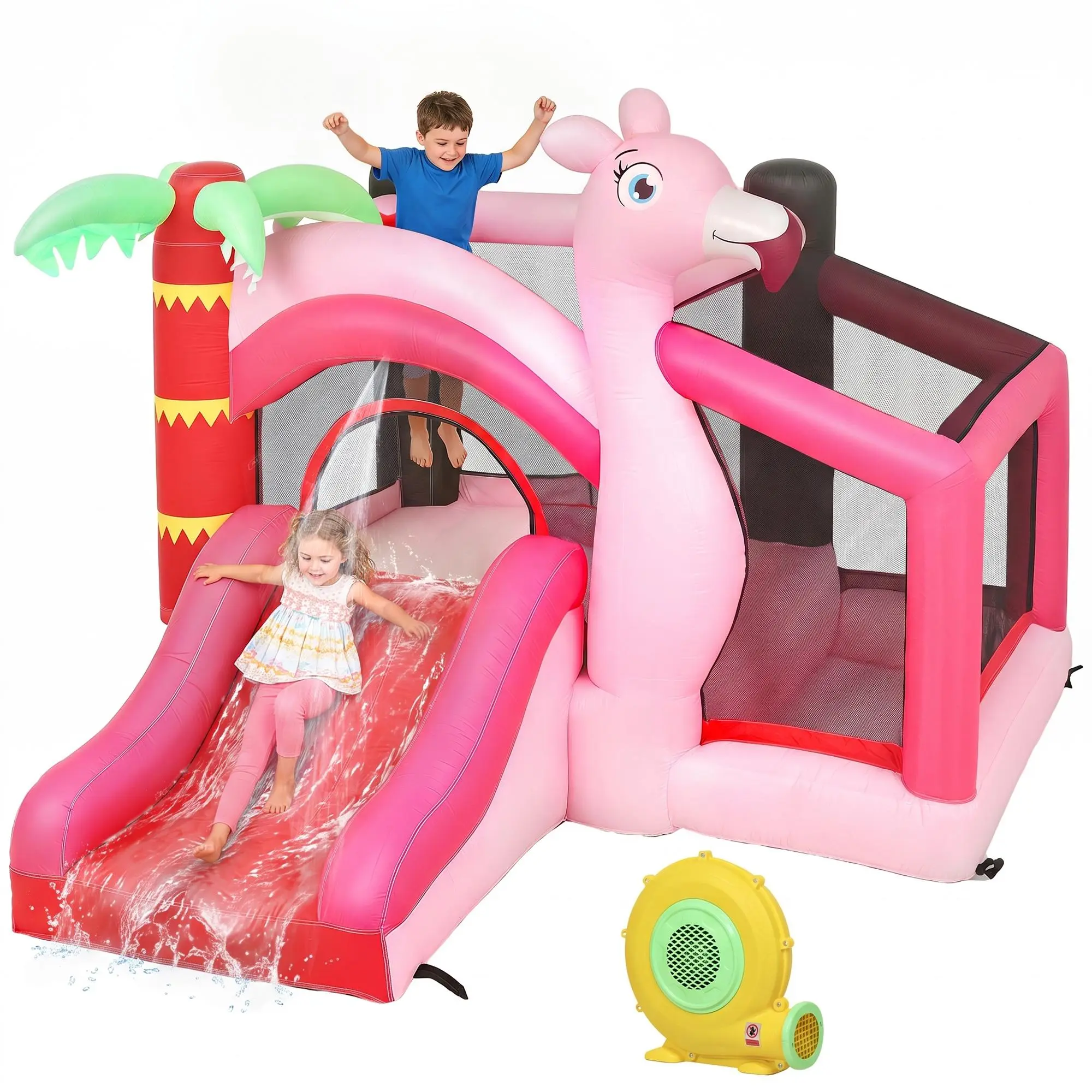 Qaba Inflatable Bounce House, 4-in-1 Flamingo Theme Bouncy Castle for Kids with Trampoline, Slide, Ball Pool and Basketball Hoop, Jumping Castle with Blower for Indoor Outdoor Backyard Party, Pink