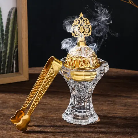 1PC Crystal Glass Incense Burner with Gold Hollow Lid, Arabian Style Decorative Ornament for Home Use, Perfect for Agarwood & Sandalwood Aromatherapy, Incense Holders