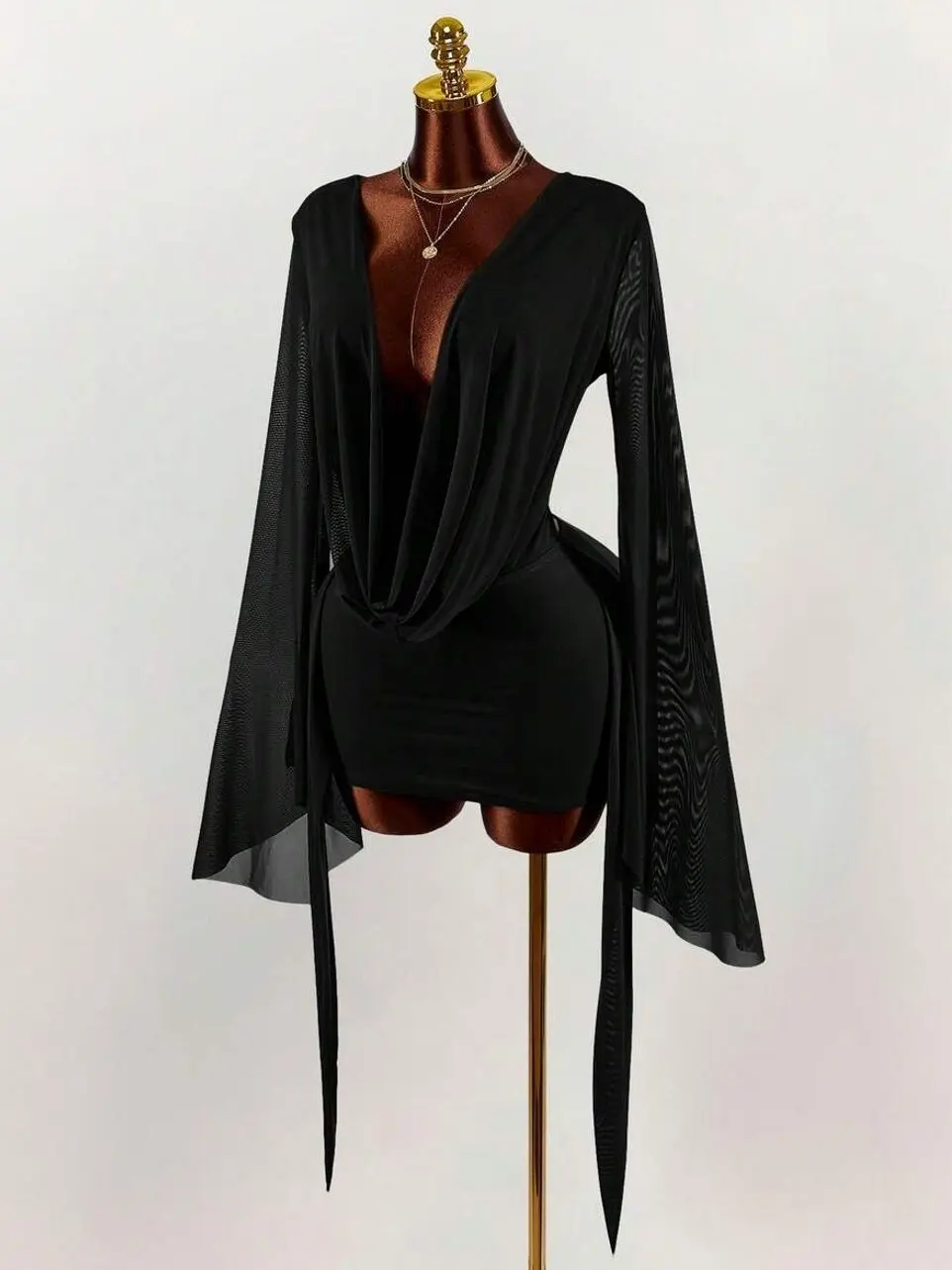 Amplova Romantic Sexy Vacation Earthy Tone Low-Cut Draped Collar, Flared Sleeves, Bodycon Mini Dress Bell Sleeves Night Out Teal Autumn
