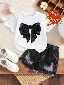 Girls' Single-Piece Casual Printed T-Shirt, Cartoon Bow Design, Fitted Short Sleeve Top, Perfect for Spring Summer