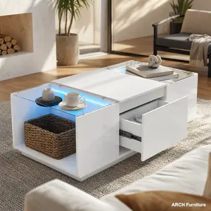 Contemporary High-Gloss ARCH U-Can LED Coffee Table - MDF+Glass Tabletop Indoor Furniture, Open Storage Compartment, 2 Hidden Drawers, LED Lighting, Minimalist Living Room Centerpiece Home Decor, Contemporary Coffee Table