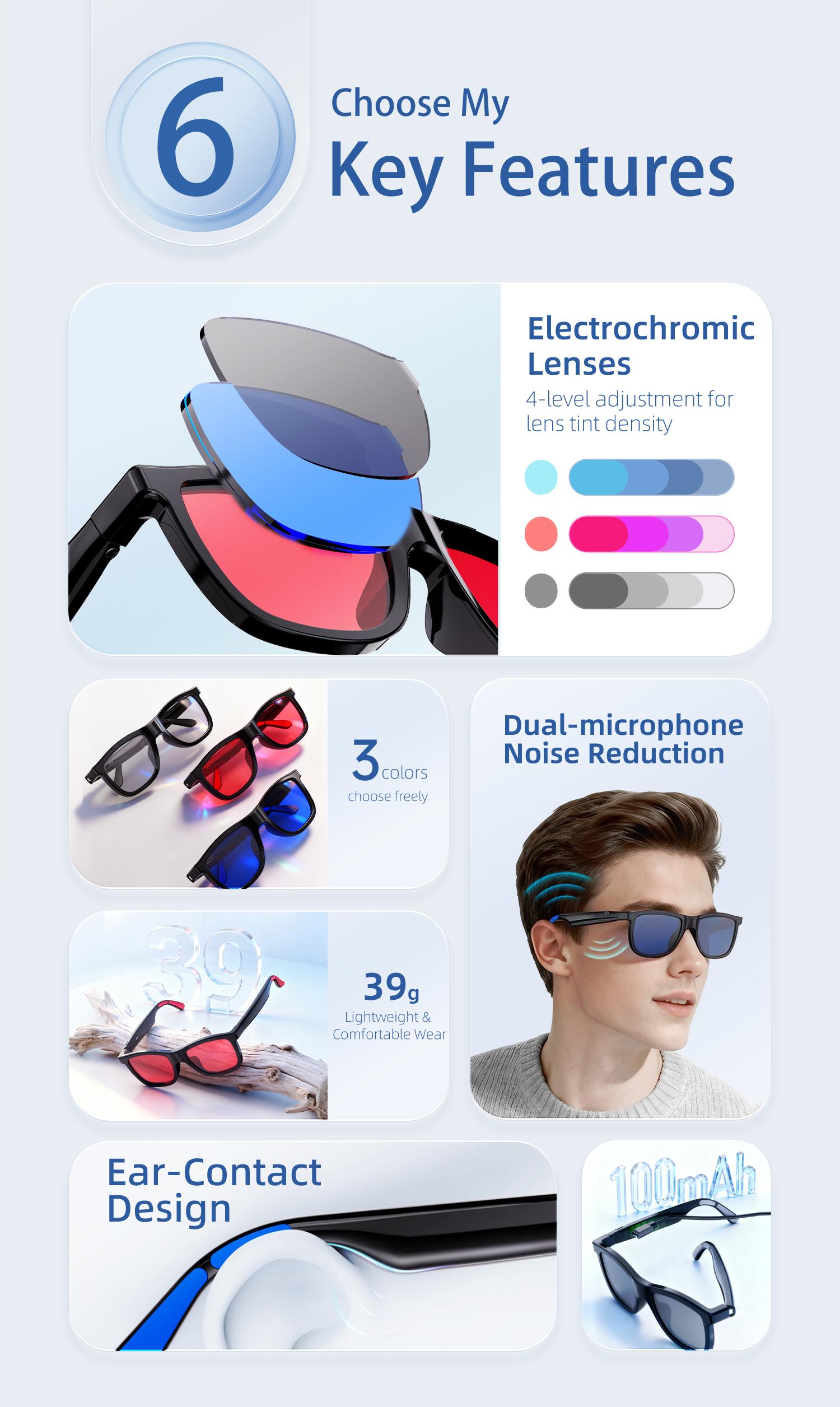 2026 New Smart Glasses 4-level electrochromic sunglasses,Open-Ear Audio,Gifts for Men Women