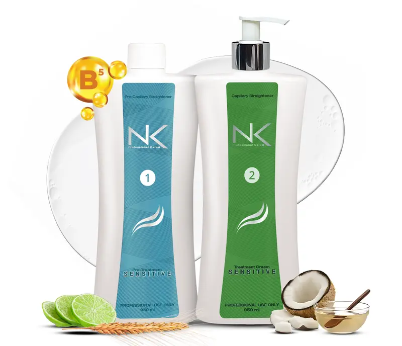 NK Professional Care Keratin Hair Straightening Treatment for Sensitive Scalps Vegan Formula Formaldehyde-Free Silky Smooth Cream with Lemon & Oil Extracts