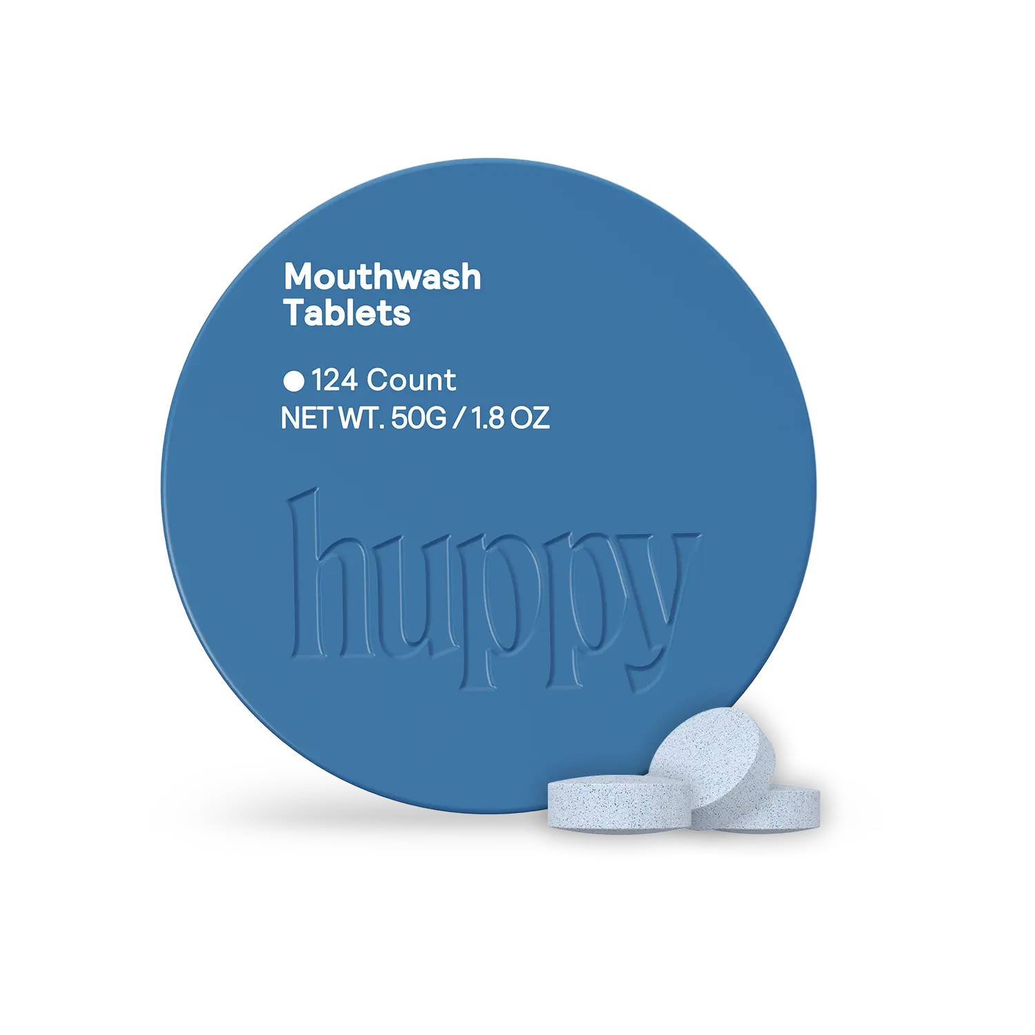 Huppy Mouthwash Tablets, Alcohol Free, Fluoride Free, Plastic Free Travel Mouthwash with Hydroxyapatite, Cool Mint, Starter Tin + 124 Tablets