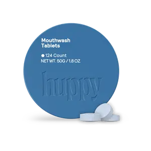 Huppy Mouthwash Tablets, Alcohol Free, Fluoride Free, Plastic Free Travel Mouthwash with Hydroxyapatite, Cool Mint, Starter Tin + 124 Tablets