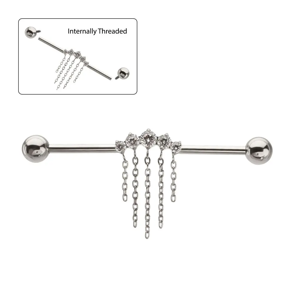 Cute Industrial Barbell, 14g Internally Threaded Implant Grade Titanium Jewelry with CZ Gem Cluster and Dangle Chains for Women, Industrial Piercing, Female, Body Jewelry Set, Chain Dangles, Daily, Round Prongs, Cubic Zirconia, Elegant Chain Movement