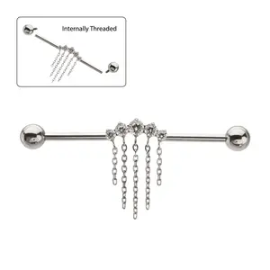 14g Industrial Barbell, Titanium Internally Threaded 5 Round Prong Set Gem Cluster with 5 Chain Dangle, CZ Scaffold Piercing Jewelry
