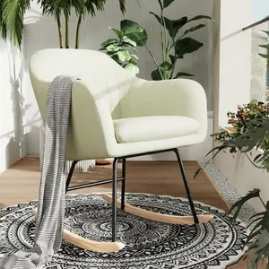 White Oversized Nursery Rocking Chair with Chenille Upholstery, Glider Rocker Armchair with Wood Legs and High Back, 350 Lbs Capacity, Modern Nursing Chair for Living Room Bedroom